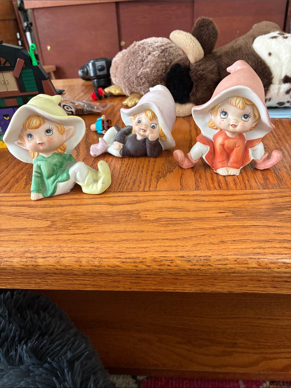 Vintage Ceramic Pixie Figurine Trio - Green, Black, Orange